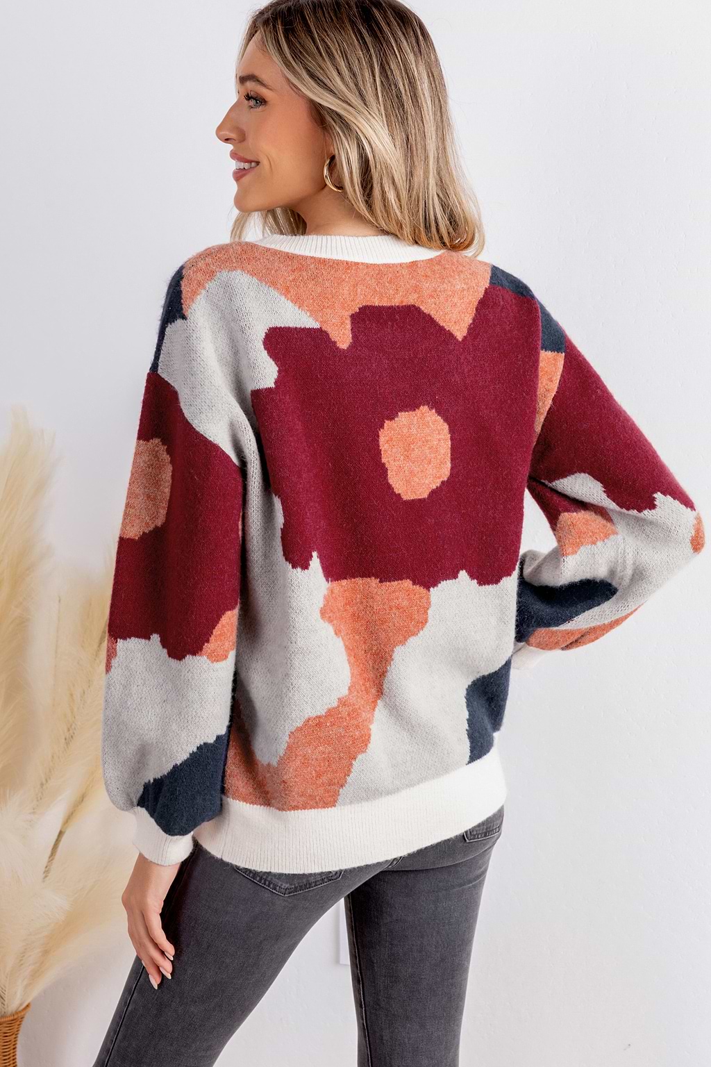 Abstracte ronde hals lange mouw gebreide trui