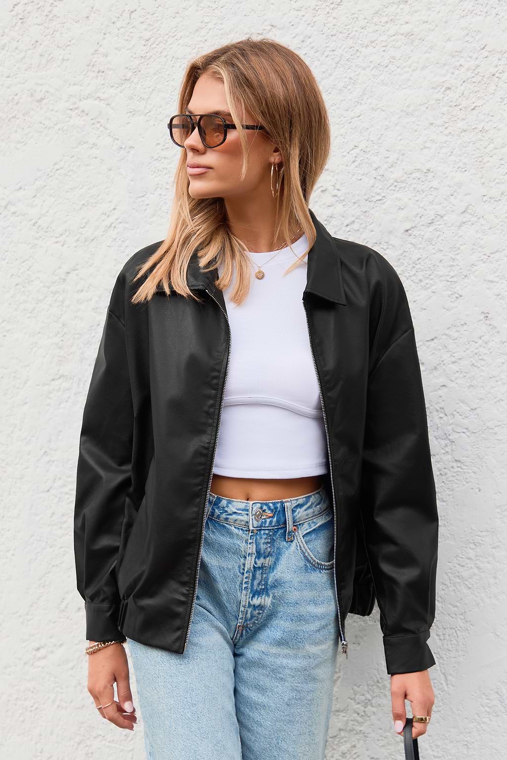 Black Faux Leather Bomber Jacket
