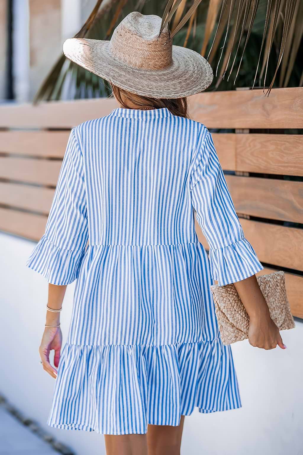 Blue & White Stripe Half Sleeve Ruffle Cuff Mini Dress