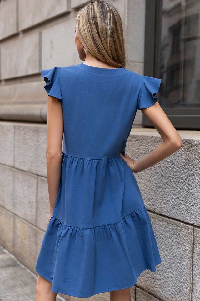 Mini abito blu in cotone e lino con scollo a V e maniche a palloncino - Main Image