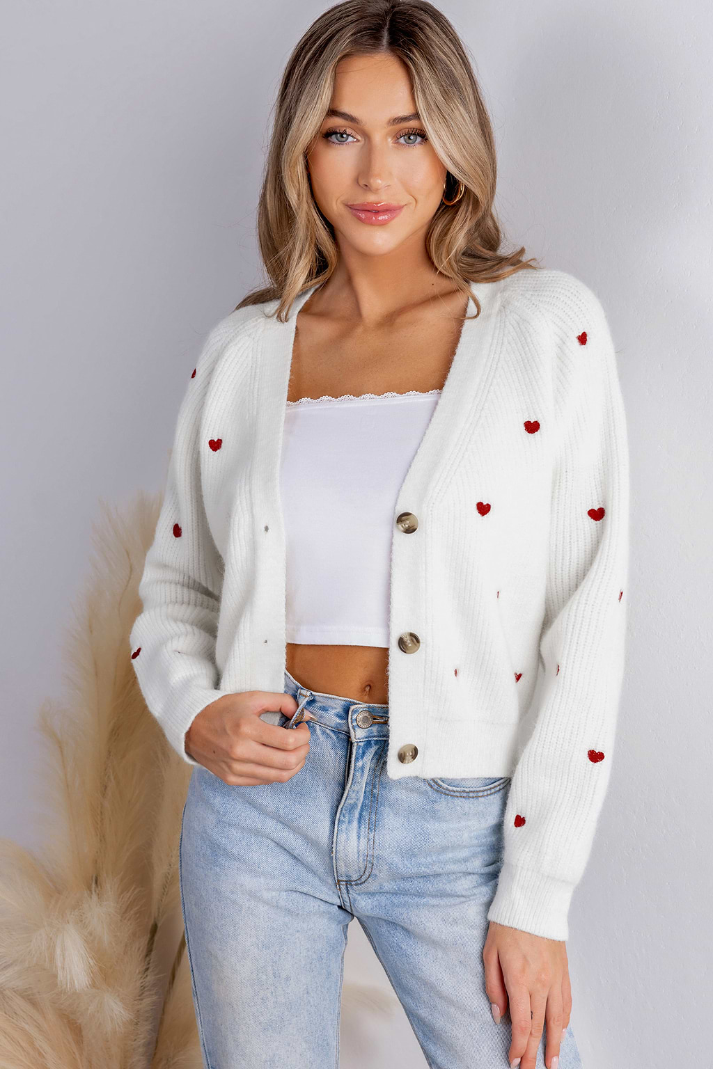 Heart Print Long Sleeve V-Neck Cardigan