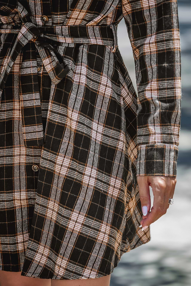 Coffee Brown Plaid Collared Button Up Mini Shirt Dress
