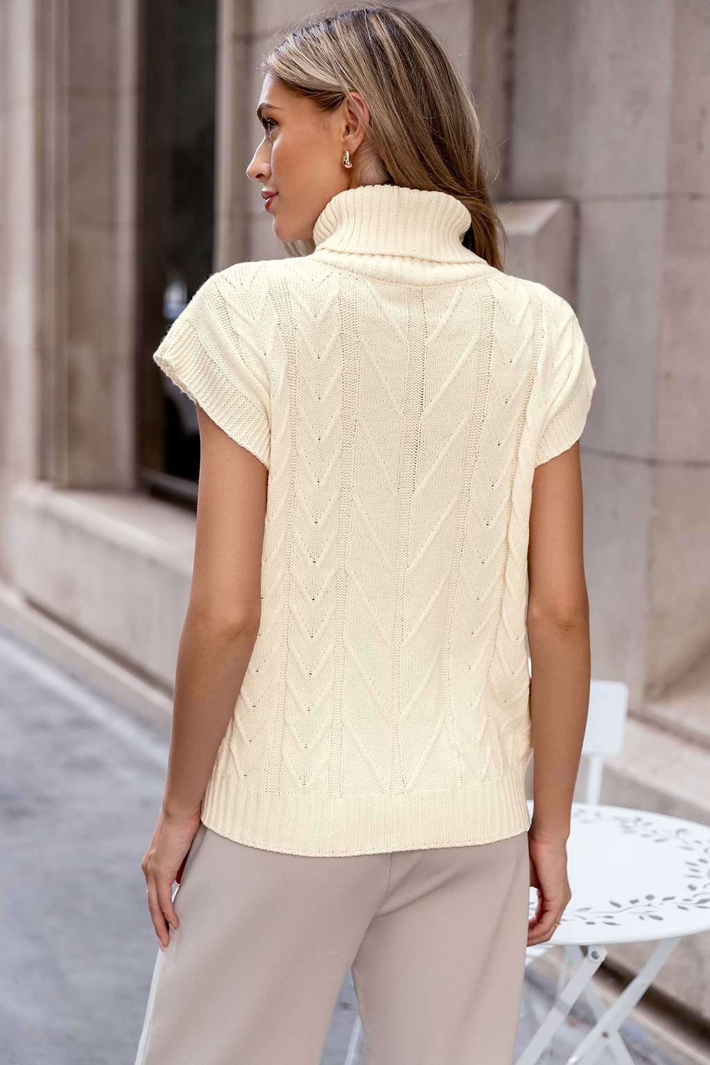Beige Sleeveless Turtleneck Sweater