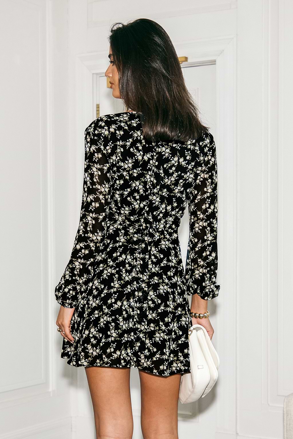 Ditsy V-Neck Blouson Sleeve Mini Dress