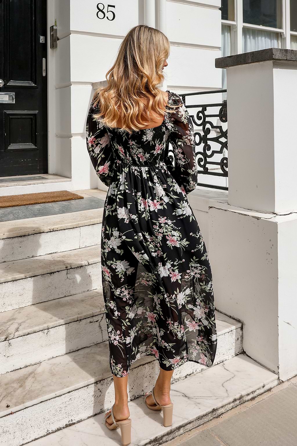Dark Floral Diamond Neck Sheer Sleeve Maxi Dress