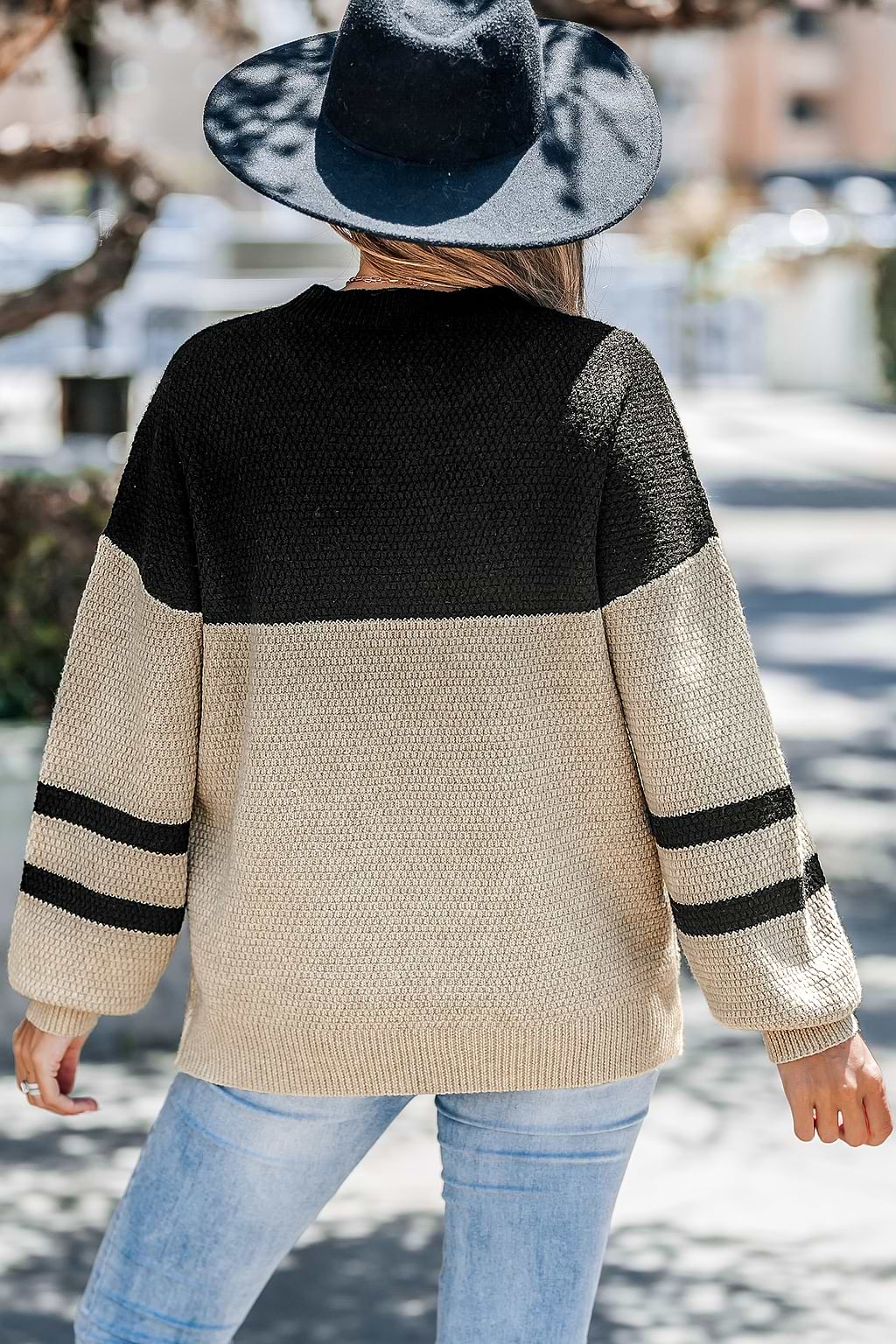Brown & Black Colorblock Long Puff Sleeve Sweater