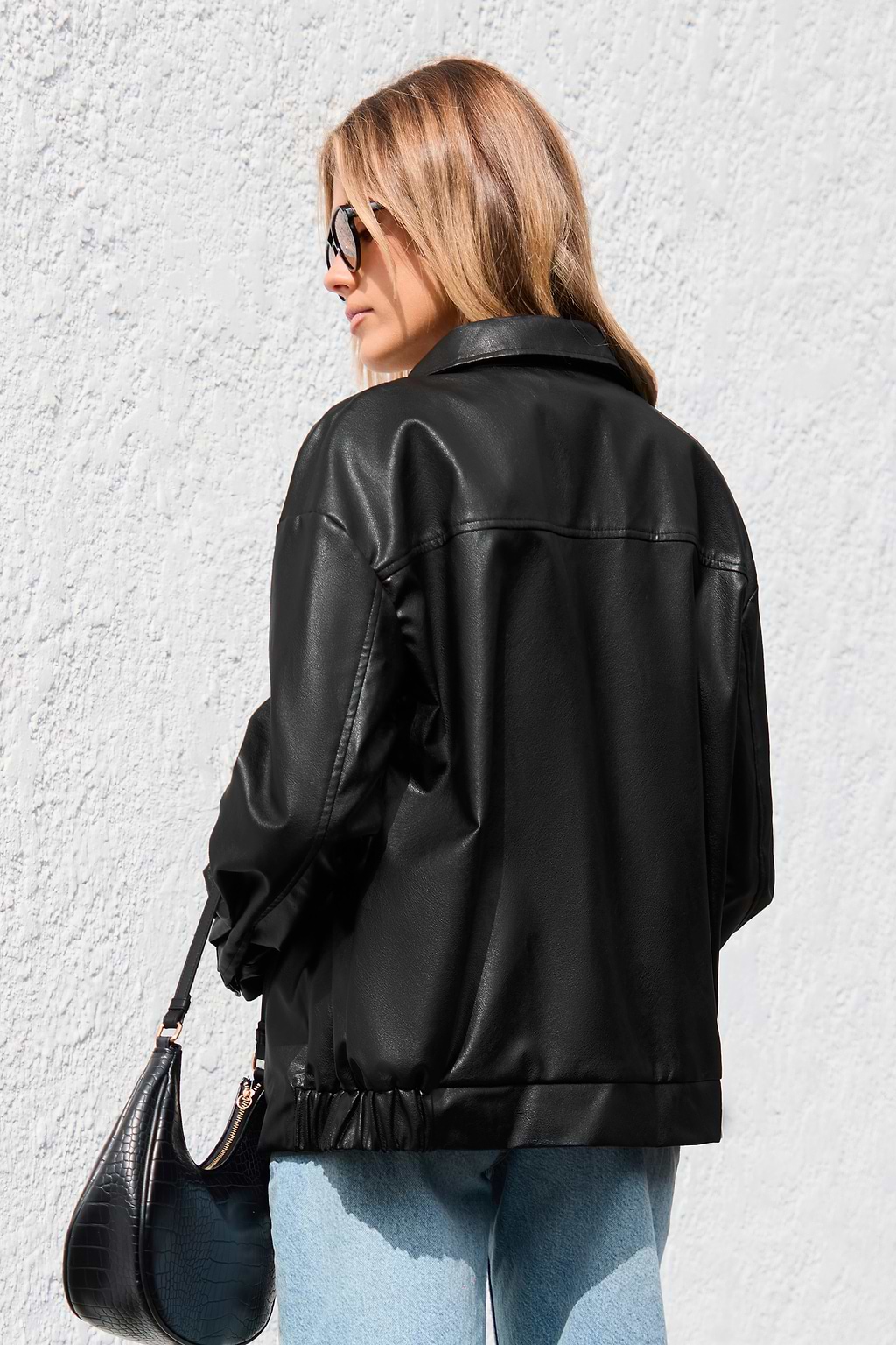 Black Faux Leather Bomber Jacket