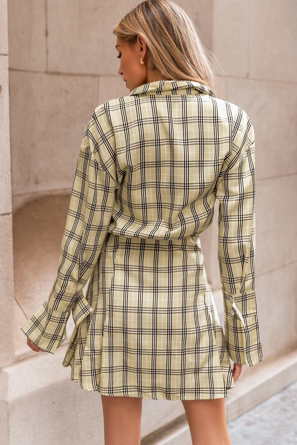 Khaki Gingham Collared Front Button Mini Dress