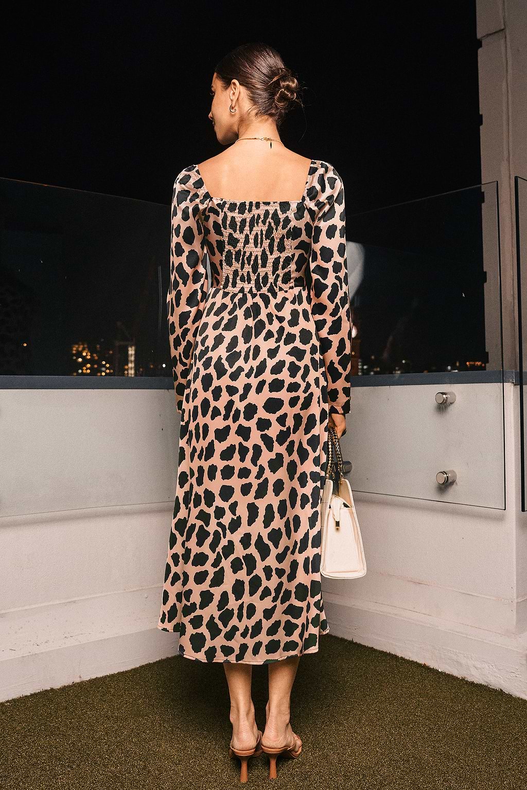 Leopard Print Square Neck Long Sleeve Midi Dress