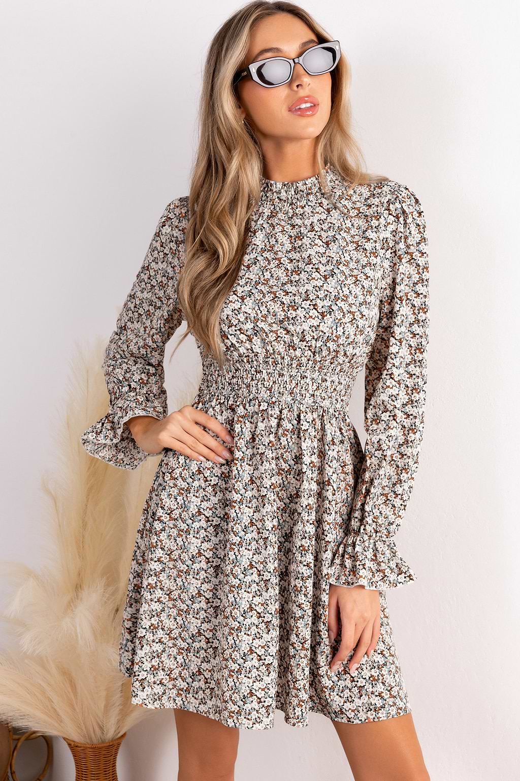Floral Mockneck Long Sleeve Ruffle Cuff Mini Dress