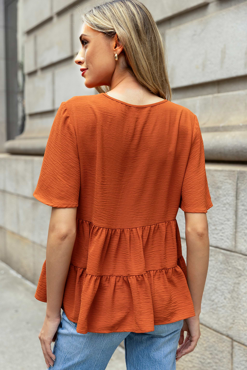 Burnt Orange Flared Sleeve Paneled Blouse