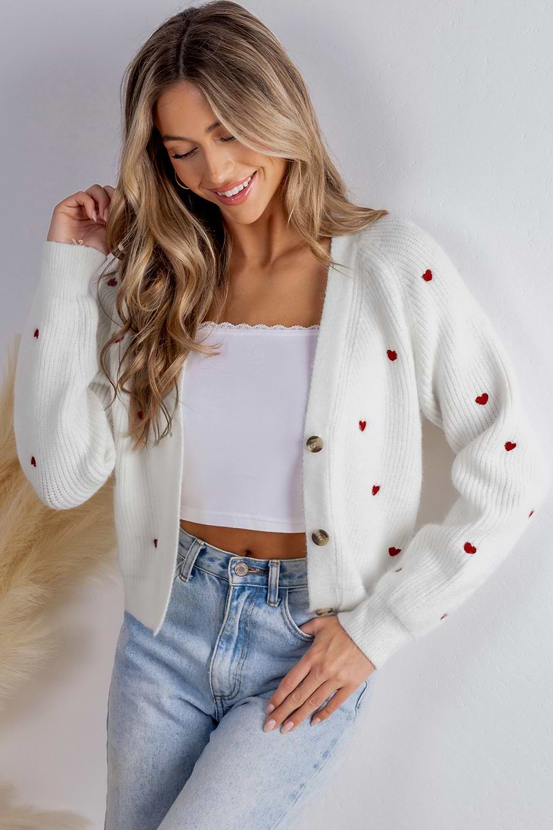 Cardigan à manches longues et col en V avec imprimé cœur