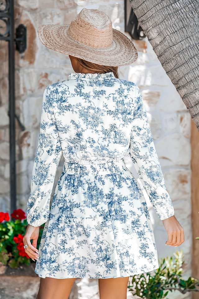 Blue & White Toile Long Sleeve Mini Dress Blue & White Toile Long Sleeve Mini Dress