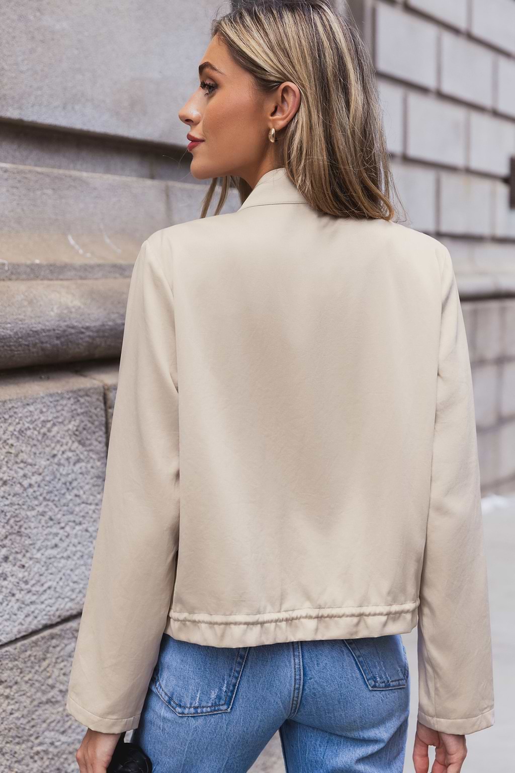 Beige Long Sleeve Front Zipper Jacket