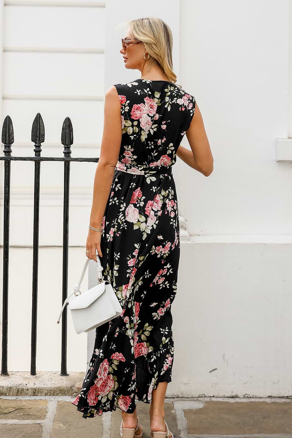 Dark Floral Sleeveless V-Neck Maxi Dress