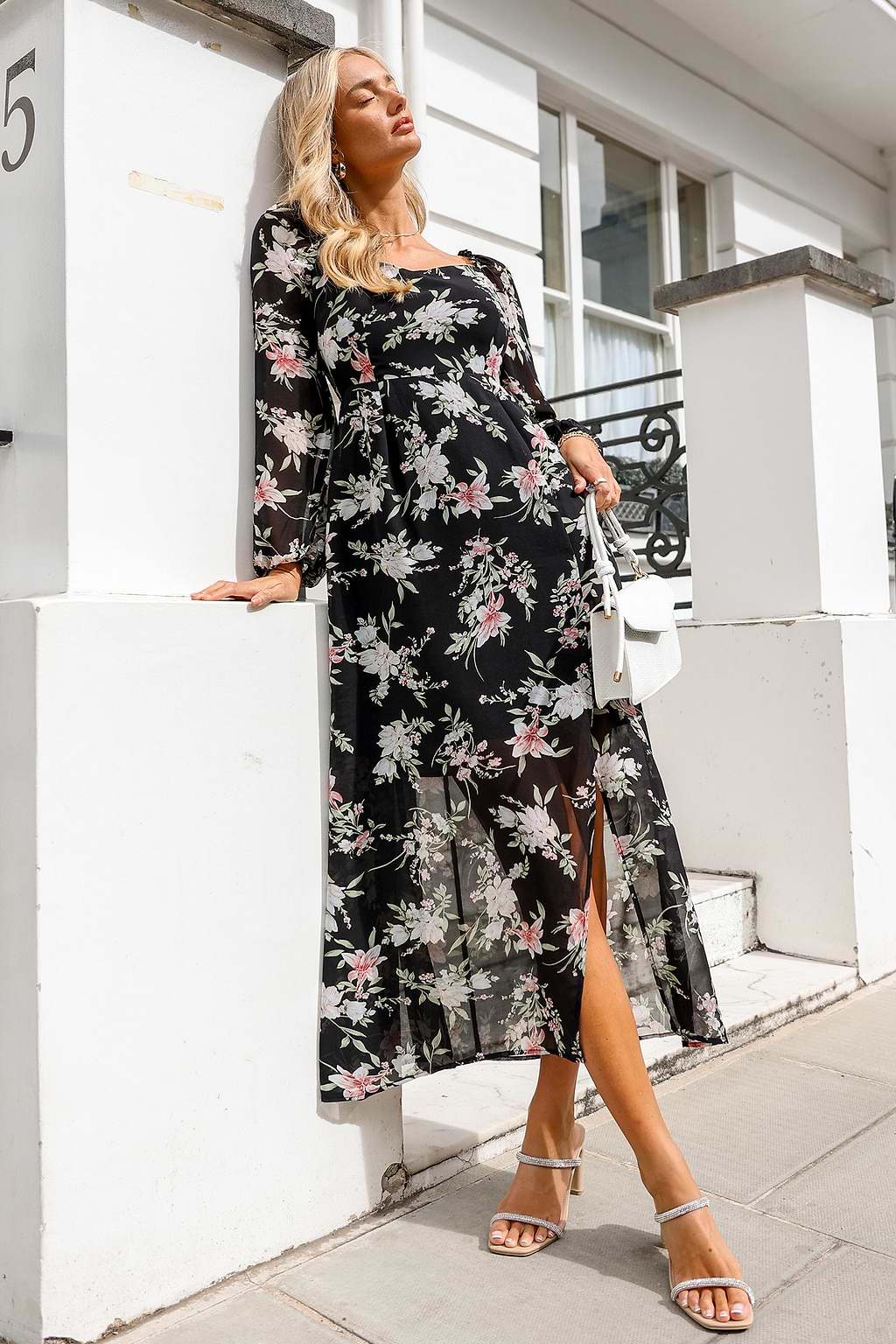 Dark Floral Diamond Neck Sheer Sleeve Maxi Dress