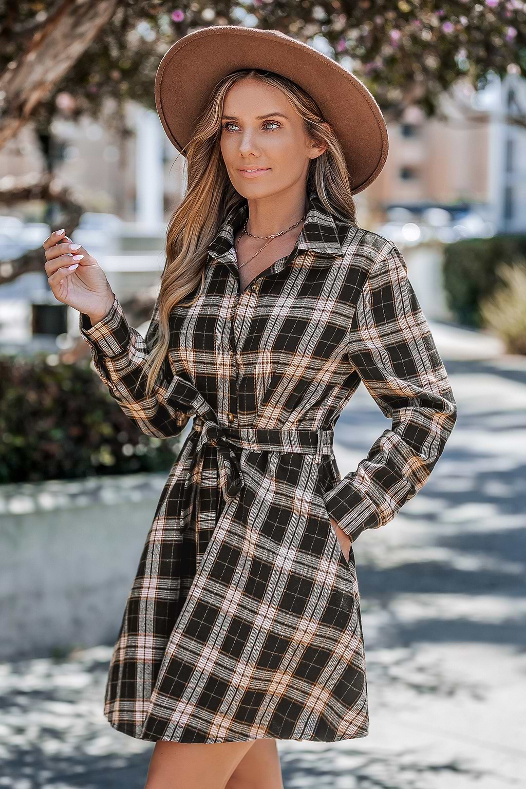 Coffee Brown Plaid Collared Button Up Mini Shirt Dress