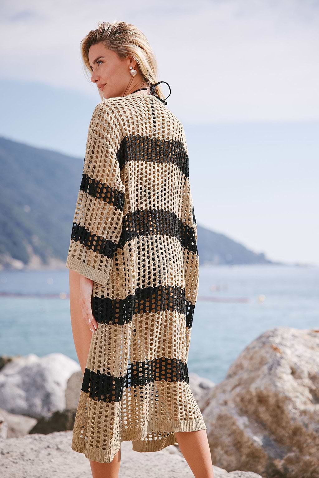 Beige & Zwarte Gestreepte Open Voorkant Open Gebreide Lange Cardigan