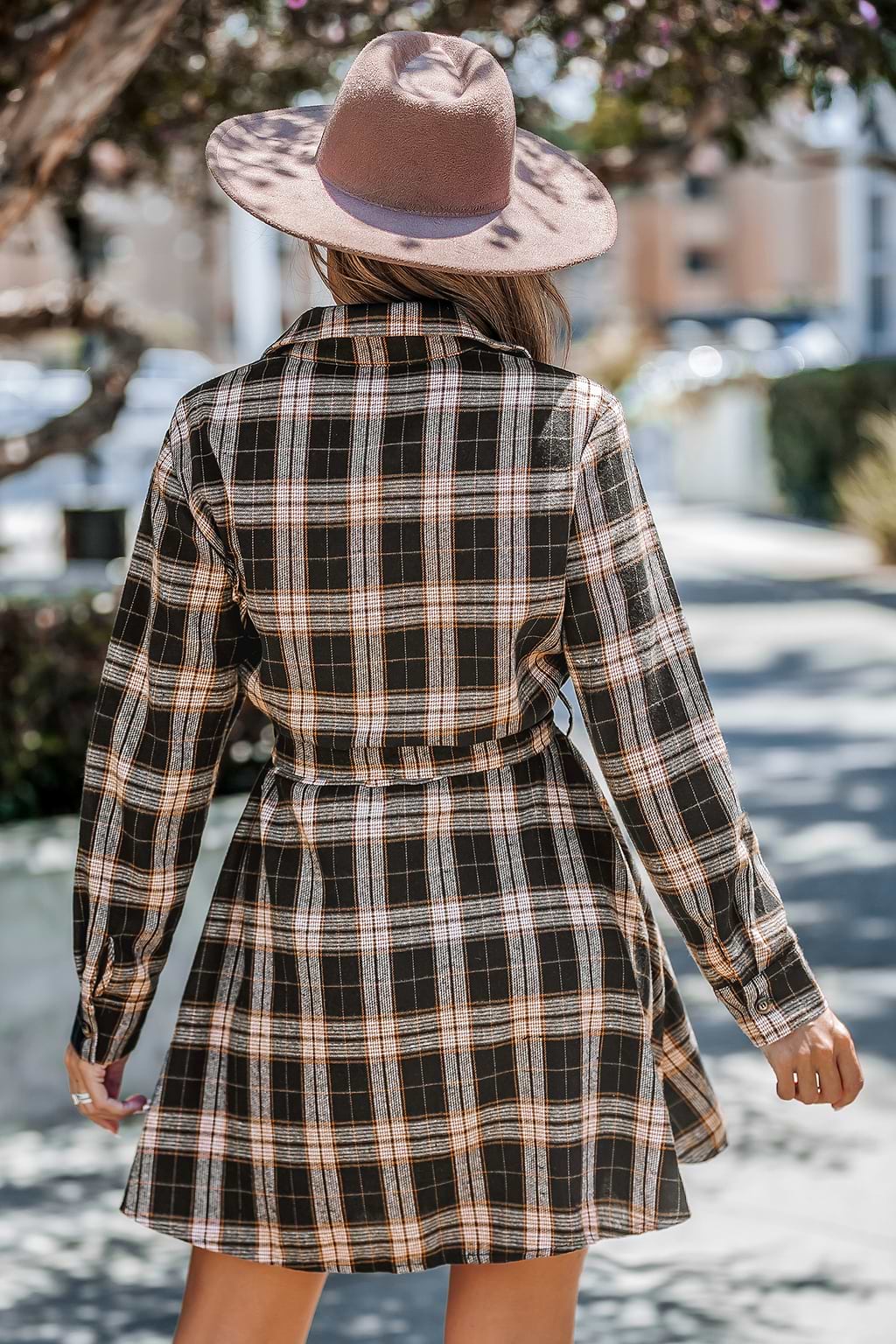 Coffee Brown Plaid Collared Button Up Mini Shirt Dress
