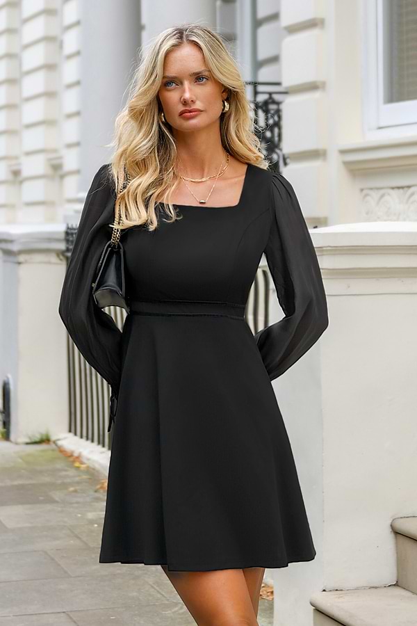 Black Square Neck Long Sleeve Mini Dress
