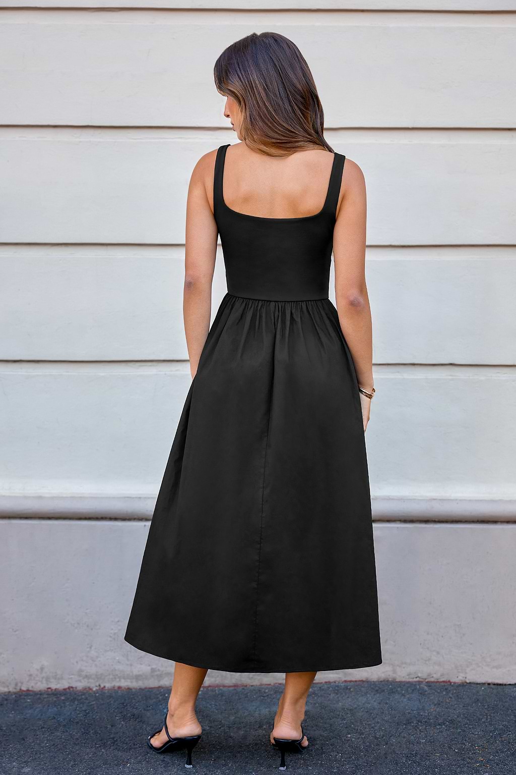 Black Square Neck Sleeveless Shirred Waist Midi Dress