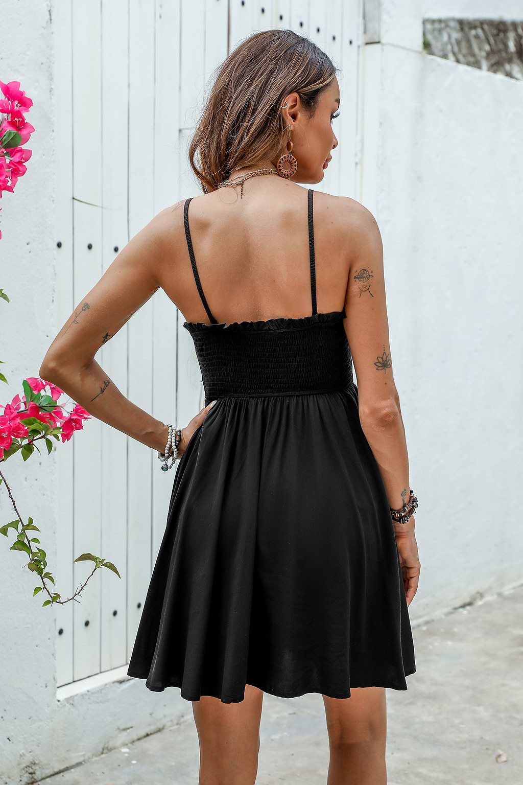 Black Sleeveless Square Neck Smocked Mini Dress