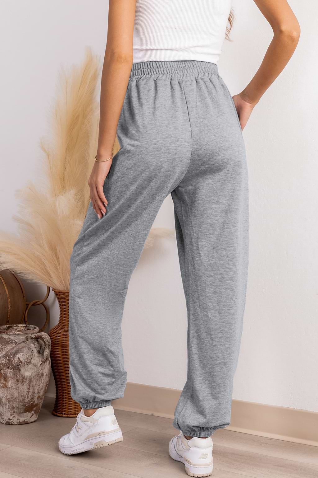 Grey Smocked V-Waist Tapered Leg Joggers