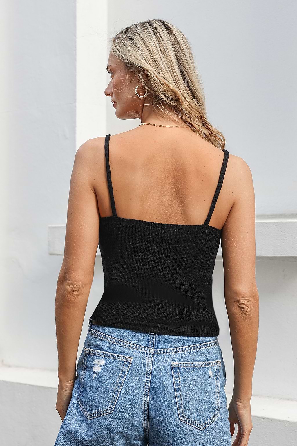 Black Lace V-Neck Knit Top