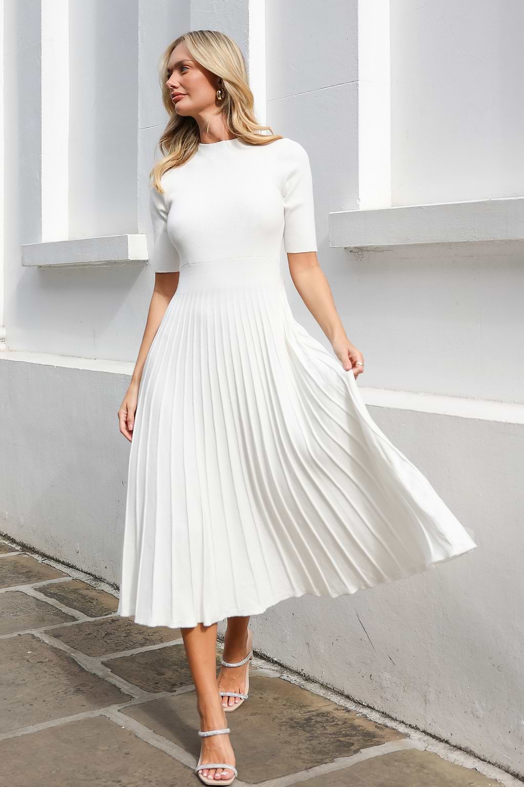 White Ribbed Crew Neck Elbow Sleeve Pleated Midi Knit Dress