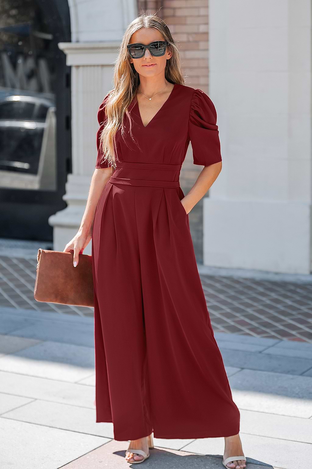 Red V-Neck Wide Leg Jumpsuit