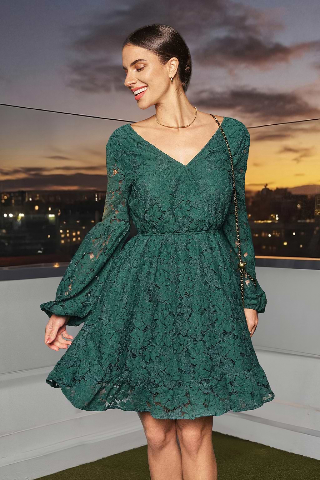 Green Lace Long Sleeve Mini Dress