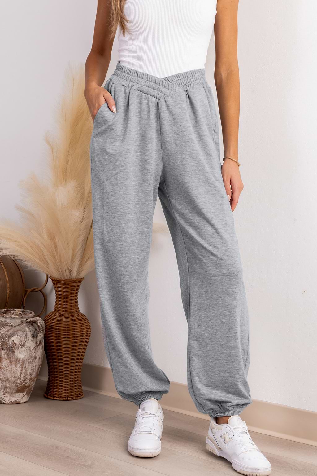 Grey Smocked V-Waist Tapered Leg Joggers
