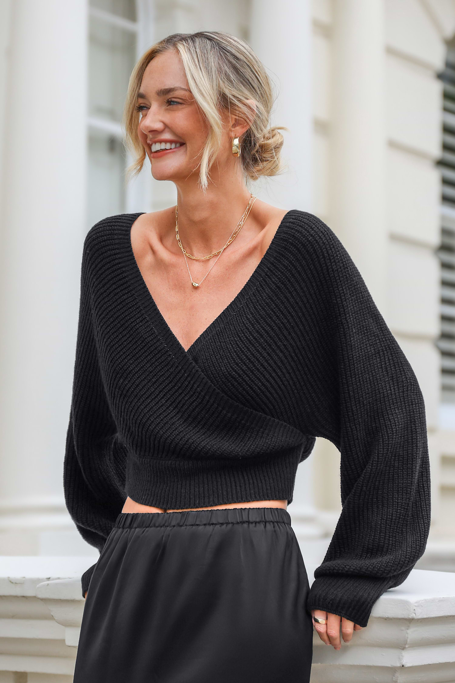 トップス and mary Luna cachecoeur tops black Black Knit Long Sleeve V-Neck Top