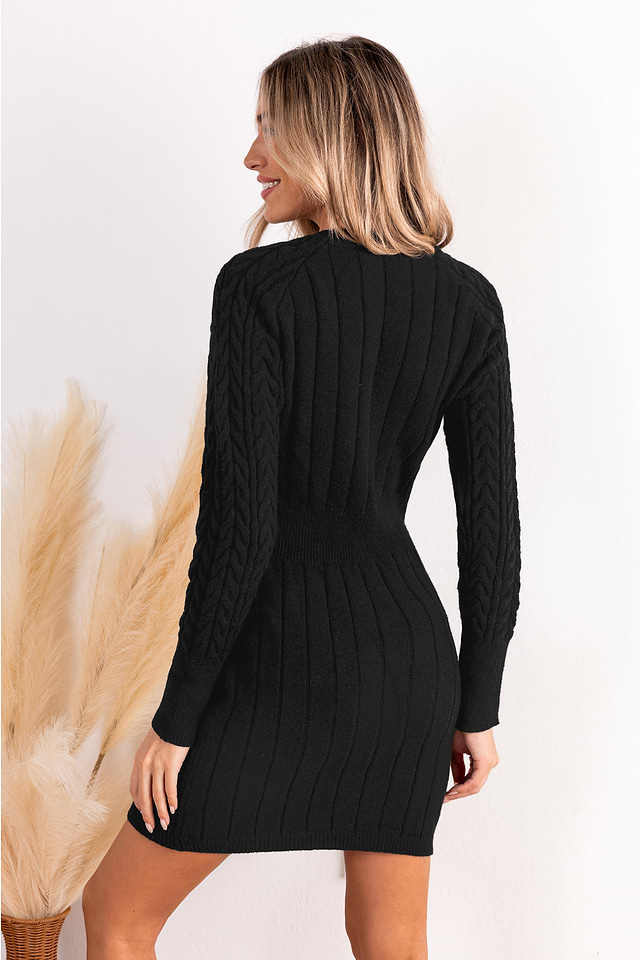 Black Cable Knit Long Sleeve Mini Sweater Dress