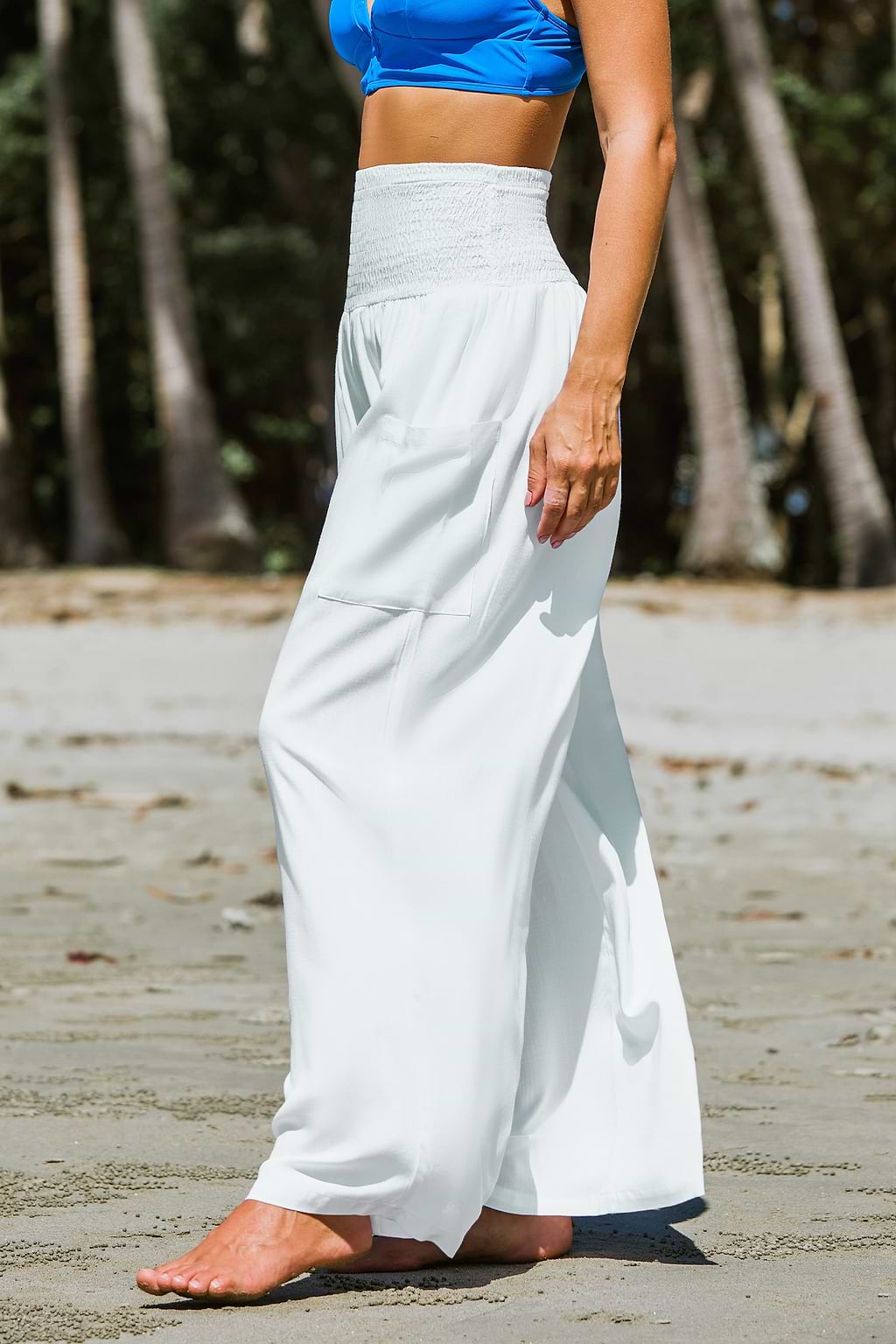 White Smocked Waist Wide Leg Pants