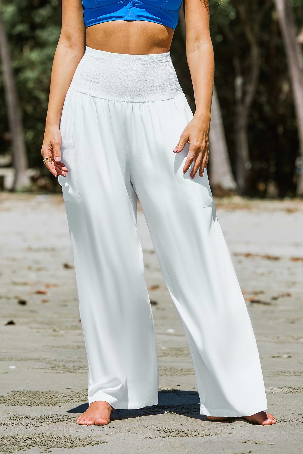 White Smocked Waist Wide Leg Pants