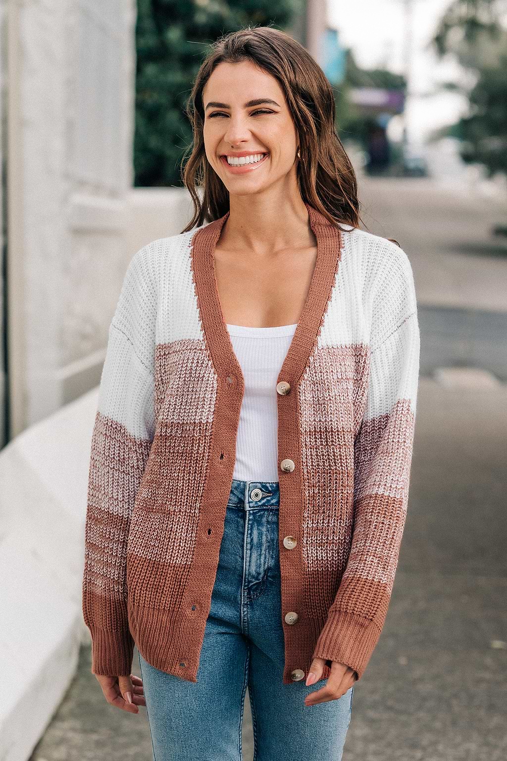 Brown Ombre Long Sleeve Button Up Cardigan