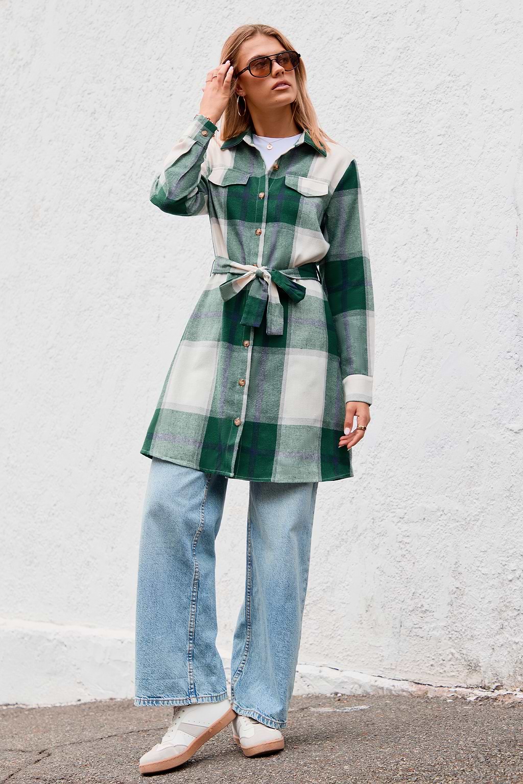 Green Plaid Collared Front Button Mini Shirt Dress
