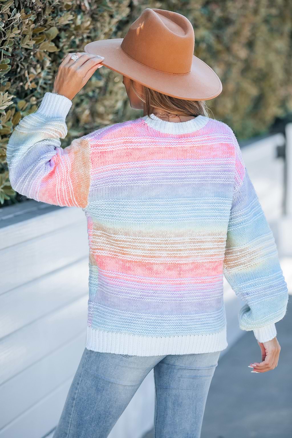 Rainbow Knit Round Neck Long Sleeve Sweater