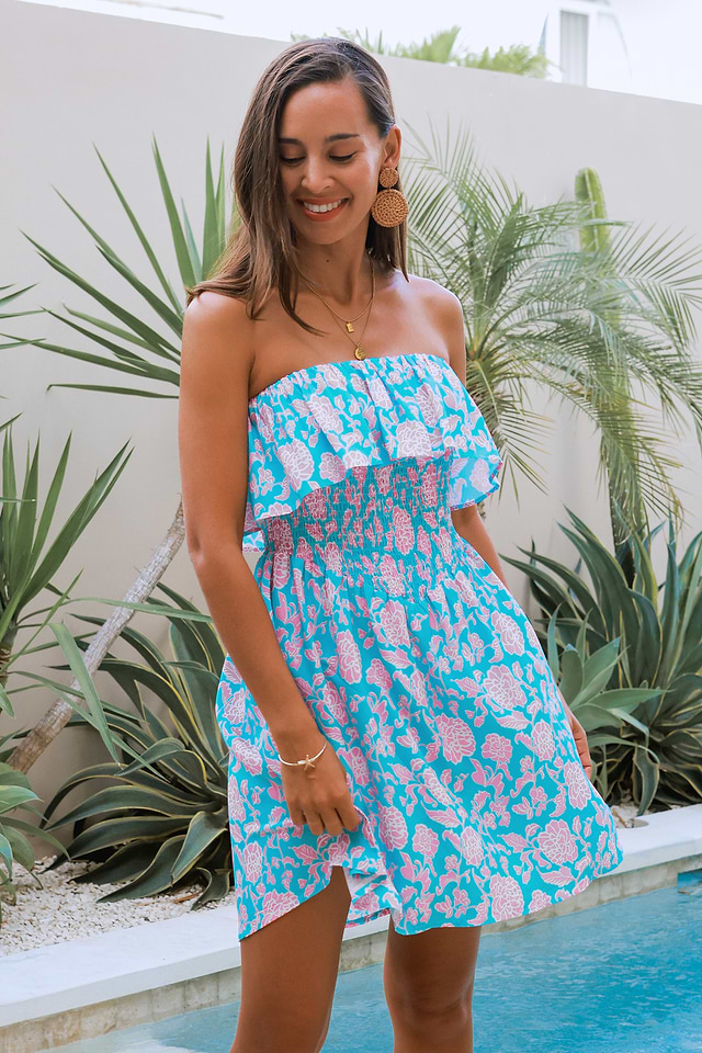 Blauwe en roze bloemen flounce lijfje tube mini jurk