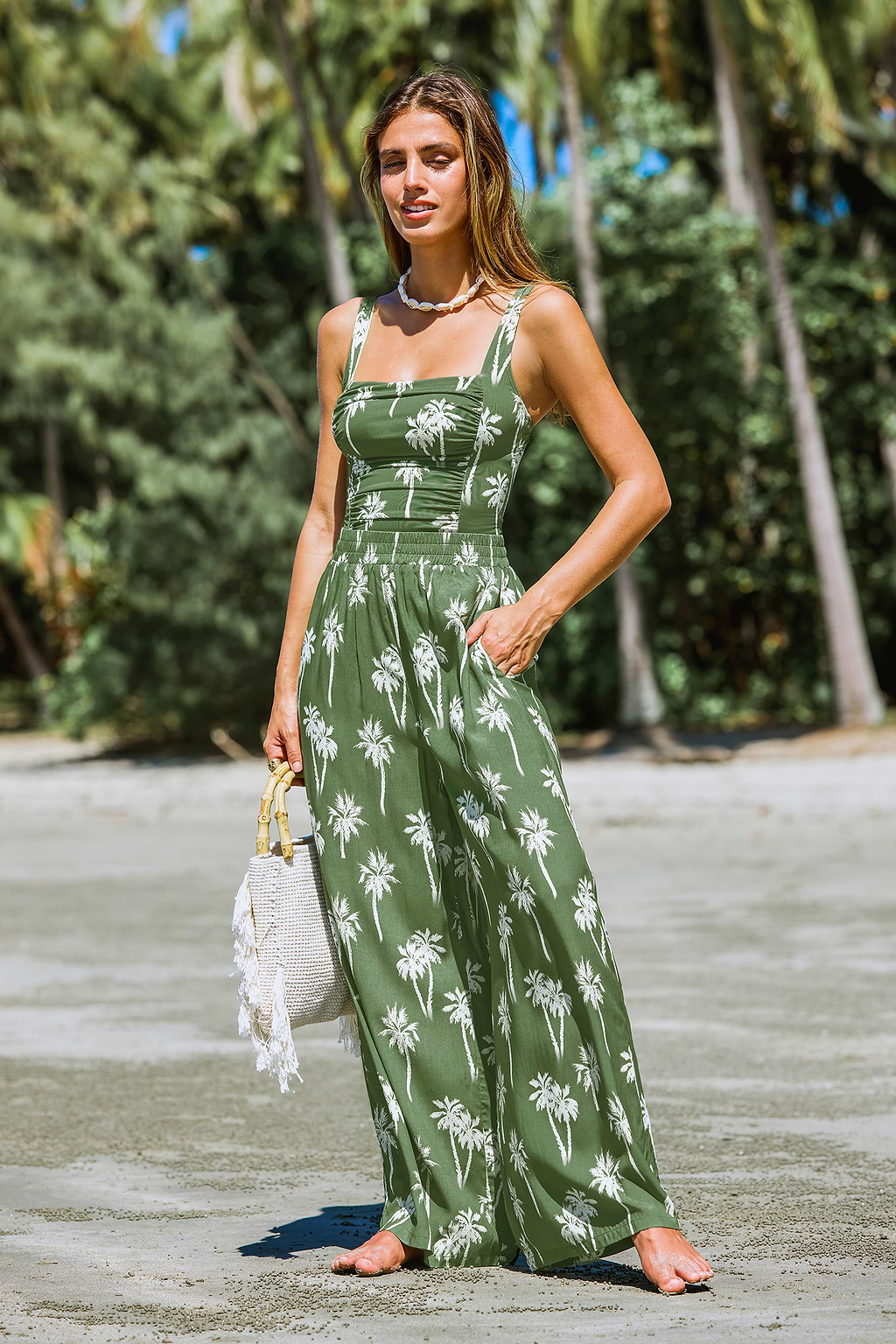 Green Palm Tree Print Straight Leg Pants