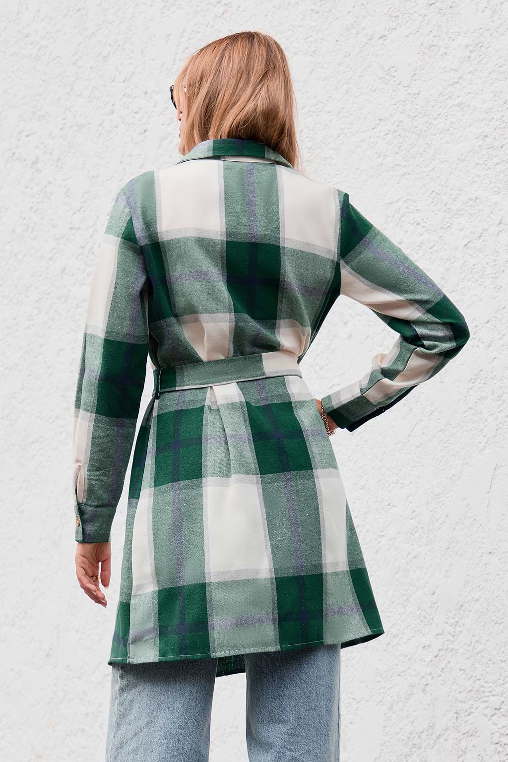 Green Plaid Collared Front Button Mini Shirt Dress