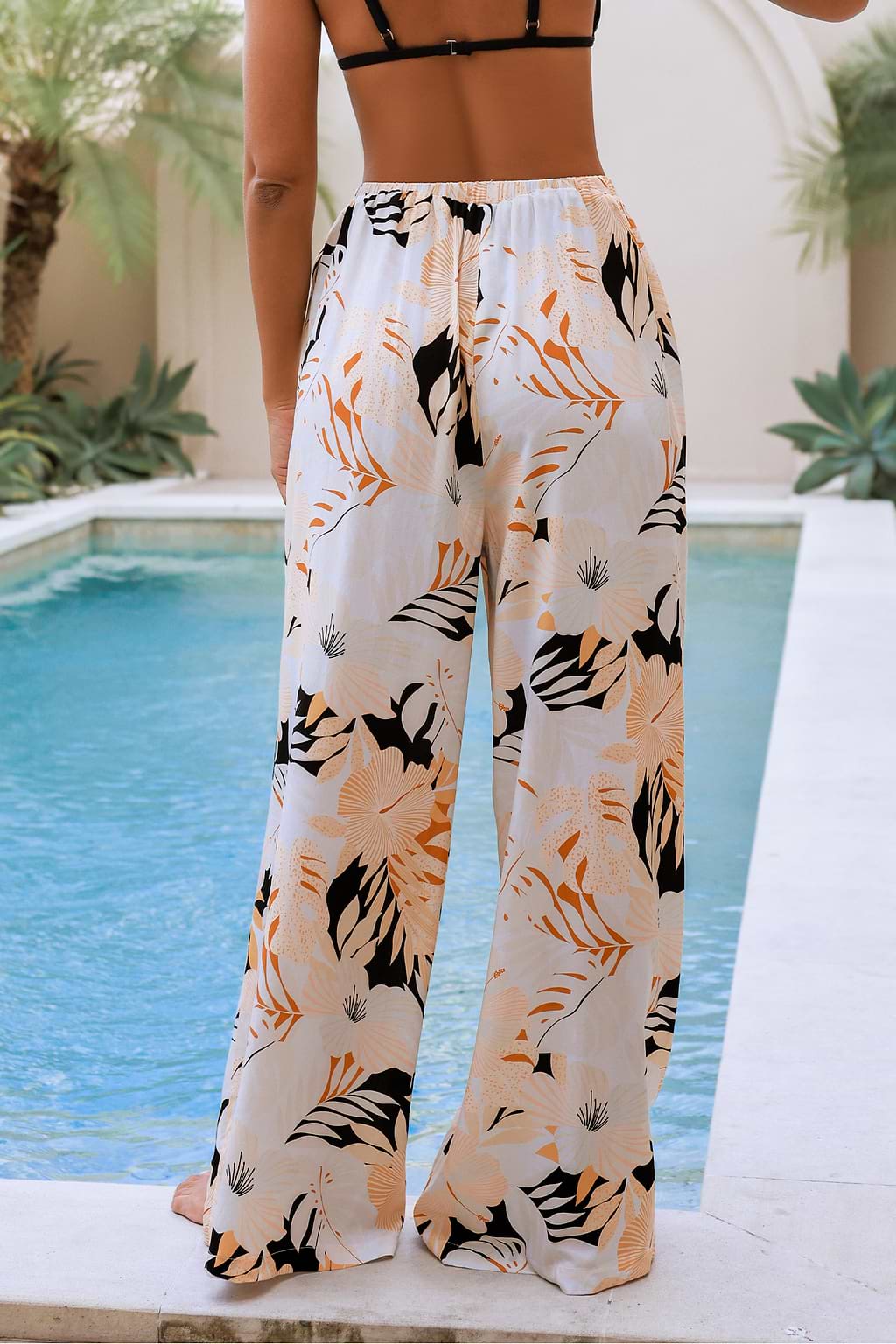 Tropical Elastic Waist Wide Leg Pants