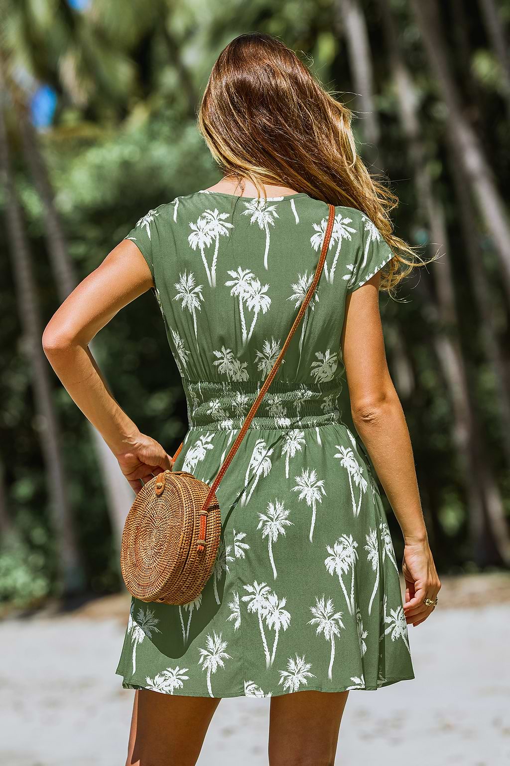 Green Palm Tree Print Cap Sleeve Smocked Waist Mini Dress