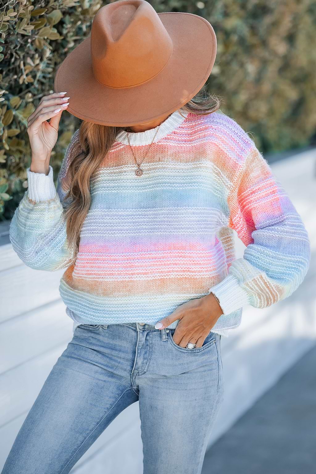 Rainbow Knit Round Neck Long Sleeve Sweater
