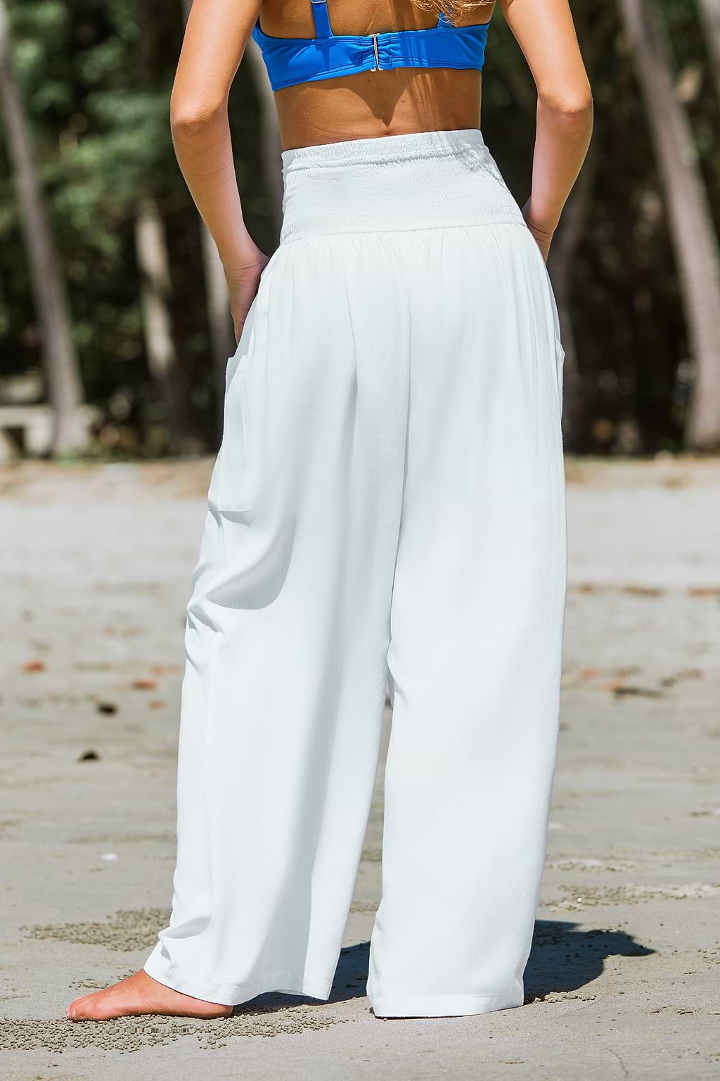 White Smocked Waist Wide Leg Pants