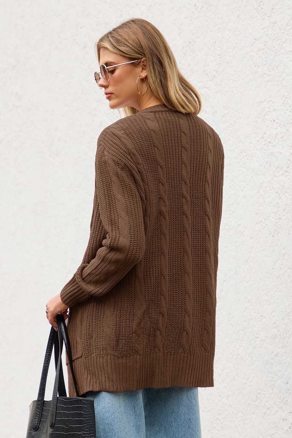 Brown Open Front Long Sleeve Knit Cardigan