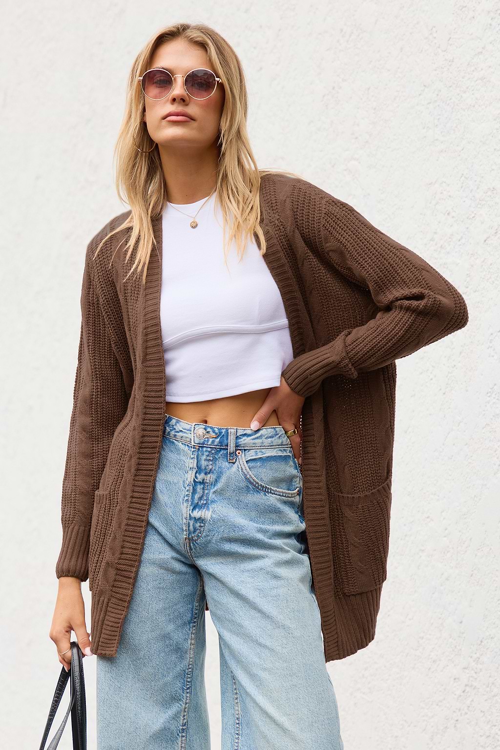Brown Open Front Long Sleeve Knit Cardigan