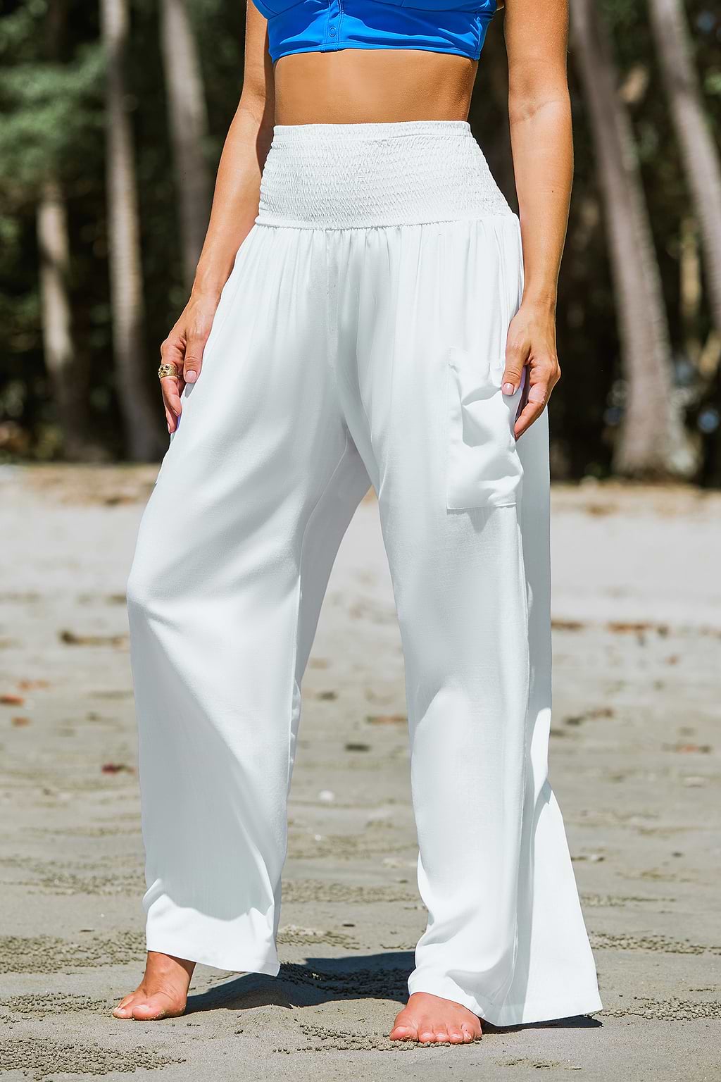 White Smocked Waist Wide Leg Pants