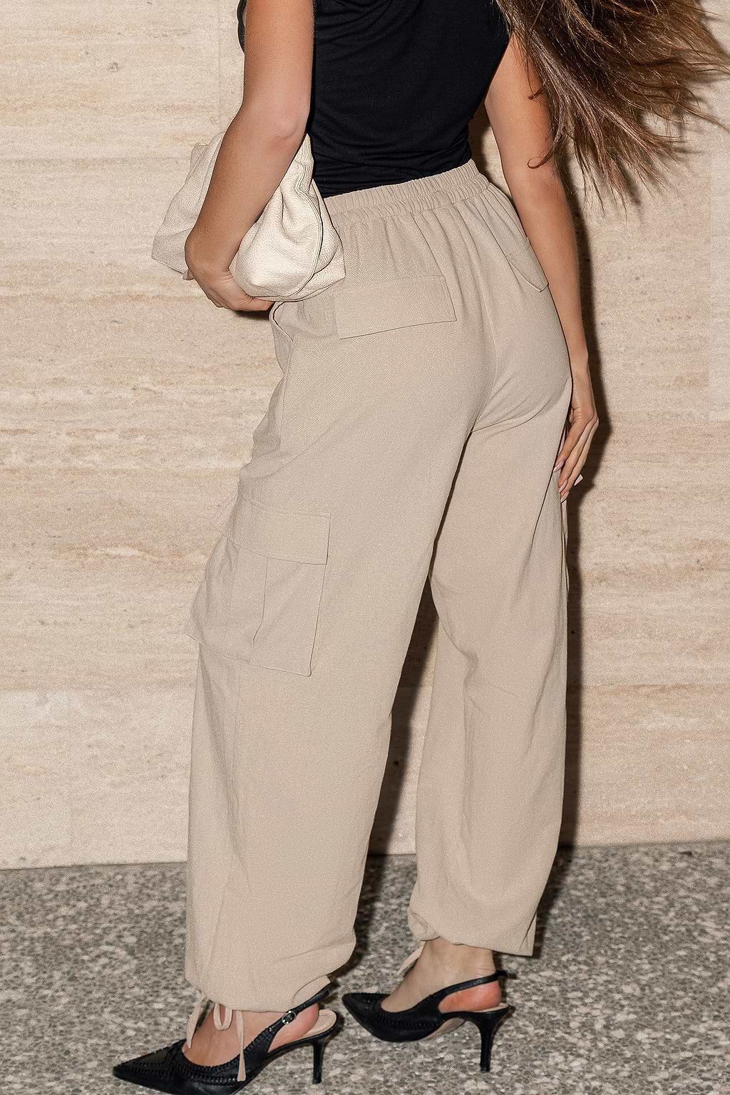 Beige Elastic Waist Wide Leg Utility Pants